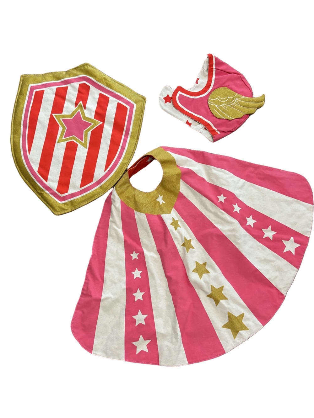 Lovelane Whimsy SuperHero Set pink,
Red, white- shield, cape, helmet- reverses - Picture 2 of 5